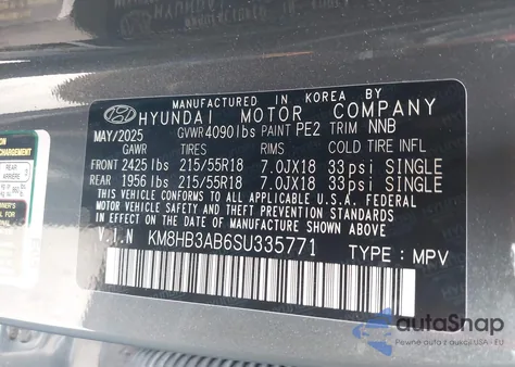 2025 Hyundai Kona Sel z USA, uszkodzony, nr VIN KM8HB3AB6SU335771